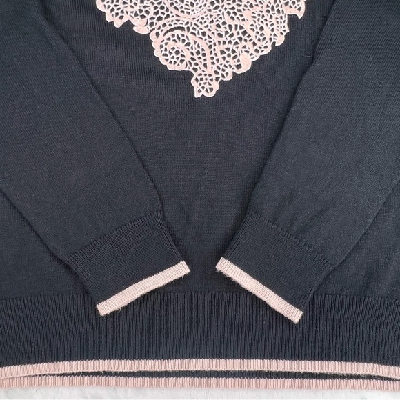 ELLE Sweater Fitted Flocked Lace Heart Black Pink Valentines Pullover Small S - Picture 8 of 11